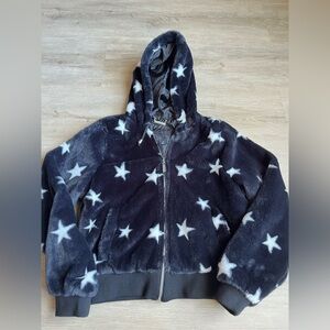 JOU JOU black White Super Star Faux Fur Hoodie Jacket SZ S